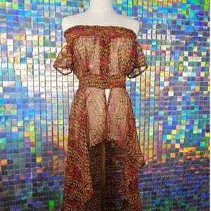 Feathers Off Shoulder High Low Tunic Womens Small Orange Tribal Print